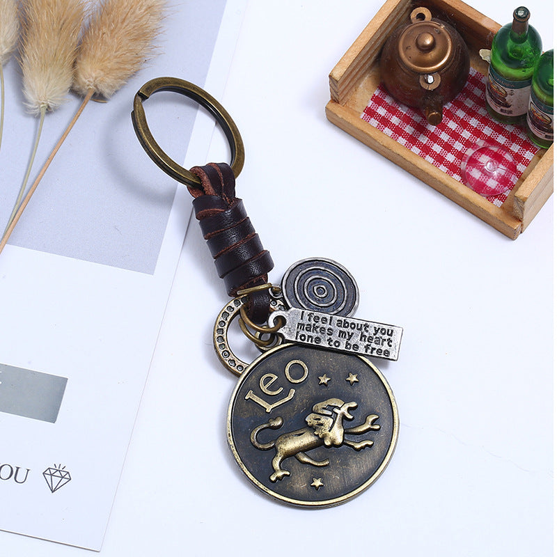 Wholesale Retro Woven 12 Constellation Cowhide Keychain